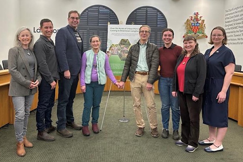 City of Langford councillors with Woodlands Park stewards Ralph Stoerzer and Laura Kiehl.
