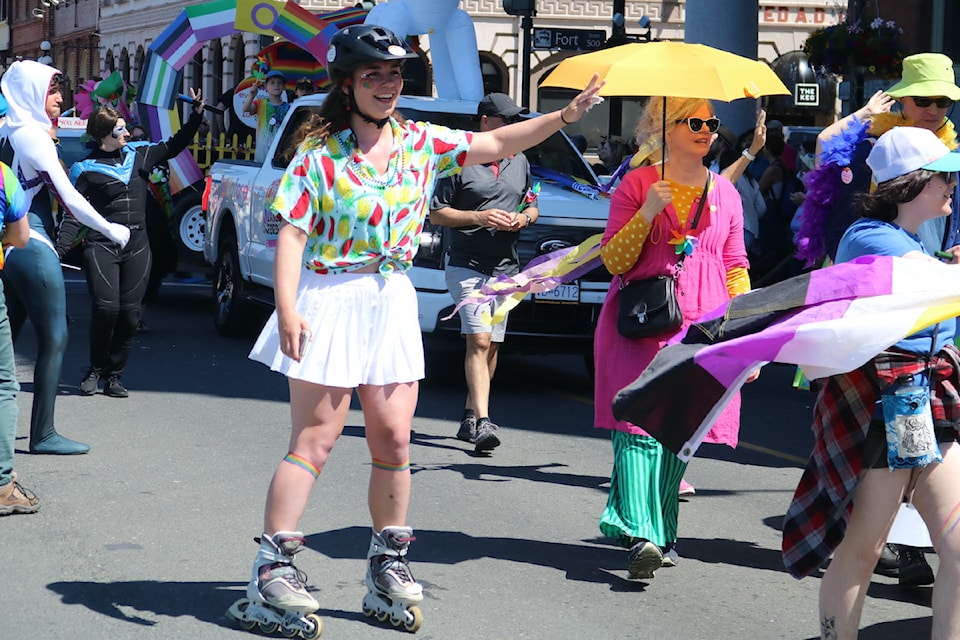 Coun. Colby Harder shows off her rollerblading skills at the Victoria Pride parade.