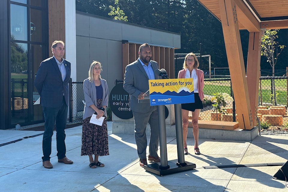At a press conference on Thursday, Aug. 8, the province announced that nine new affordable childcare facilities will soon open across B.C. From left to right: Langford mayor Scott Goodmason; school district 62 board chair Amanda Dowhy; Langford-Juan de Fuca MLA Ravi Parmar; Esquimalt-Metchosin MLA Mitzi Dean.