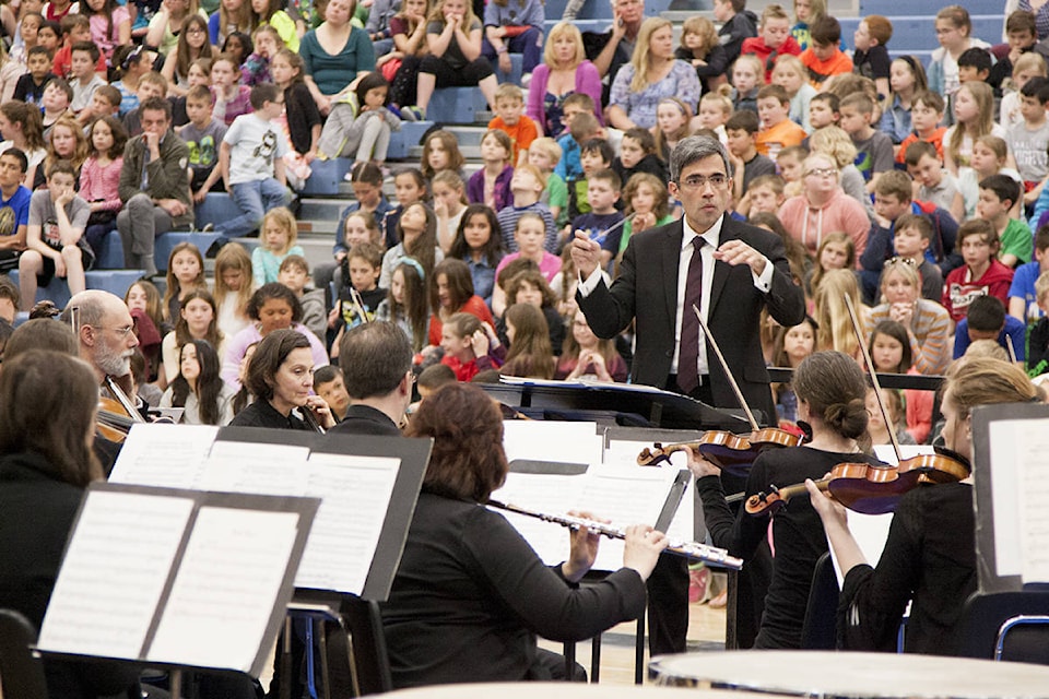 Led by associate conductor Giuseppe Pietraroia, members of the Victoria Symphony orchestra treated Sooke School District elementary school students to three special performances at Belmont Secondary on Thursday. Katherine Engqvist/News Gazette staff
