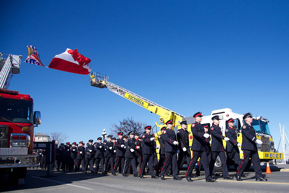 Hundreds of Fire Fighters marched in honour of the B.C. Fallen Fire Fighters Memorial on March 4 (Nicole Crescenzi/News Staff)