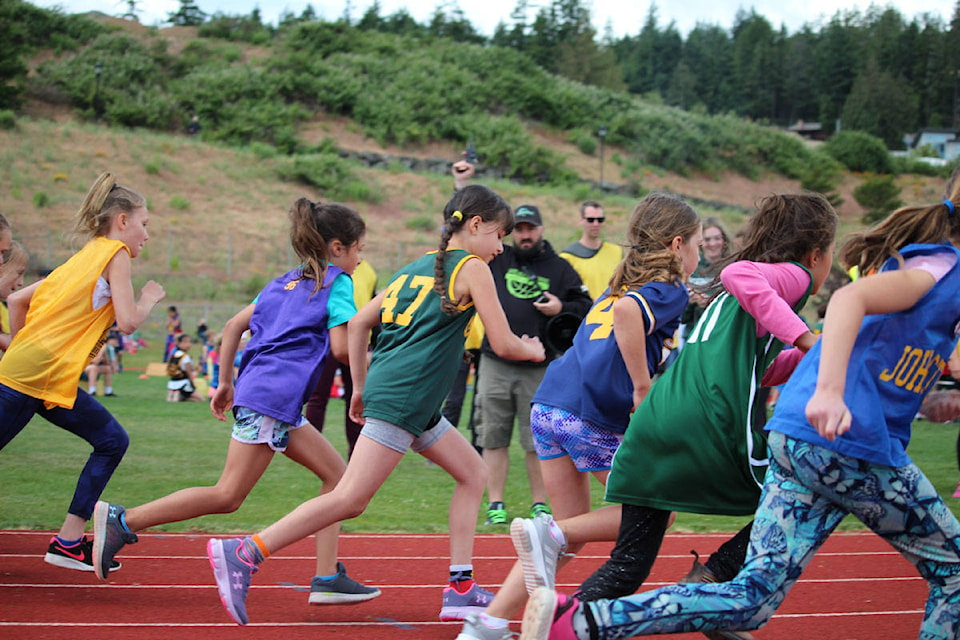 Nearly 1,000 elementary students from SD62 gathered for a day of track and field events at Royal Bay Secondary School on Friday. (Shalu Mehta/News Staff)