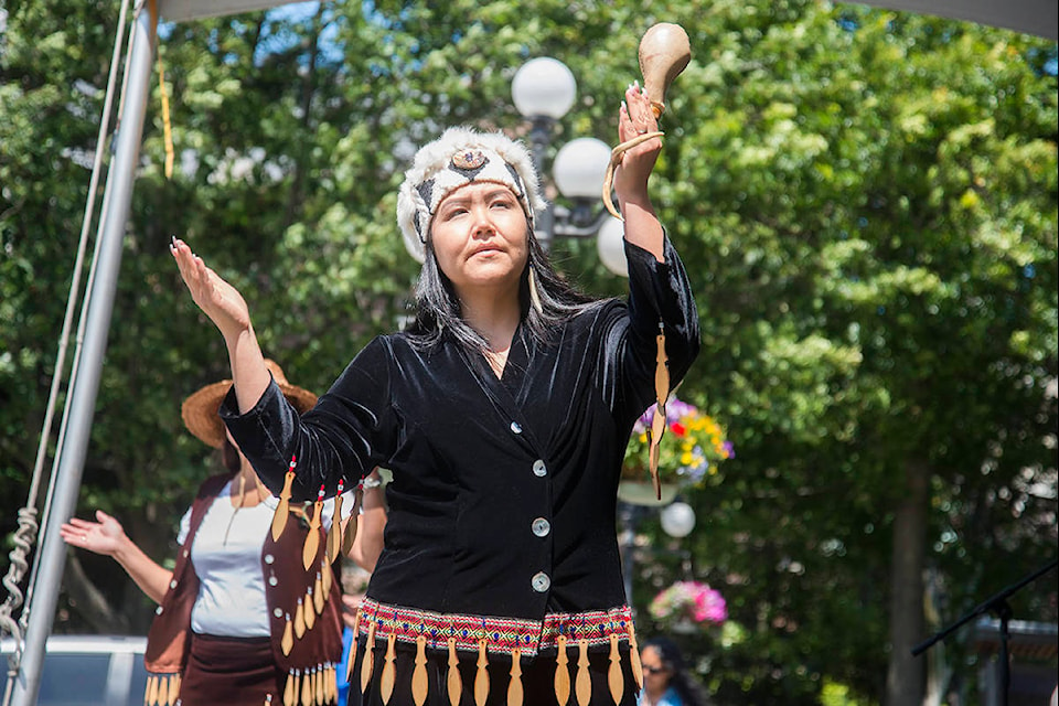 Spakwus Slolem – translated Eagle Song Dancers in English – are members of the Squamish Nation. They performed a number of songs including the paddle song, Gathering for Eagles song and the Slow Bird song at the Royal BC Museum plaza on Sunday afternoon. The dance group was one of dozens of B.C. First Nations performers to wow crowds at the three-day Indigenous Cultural Festival. (Nina Grossman/News Staff)
