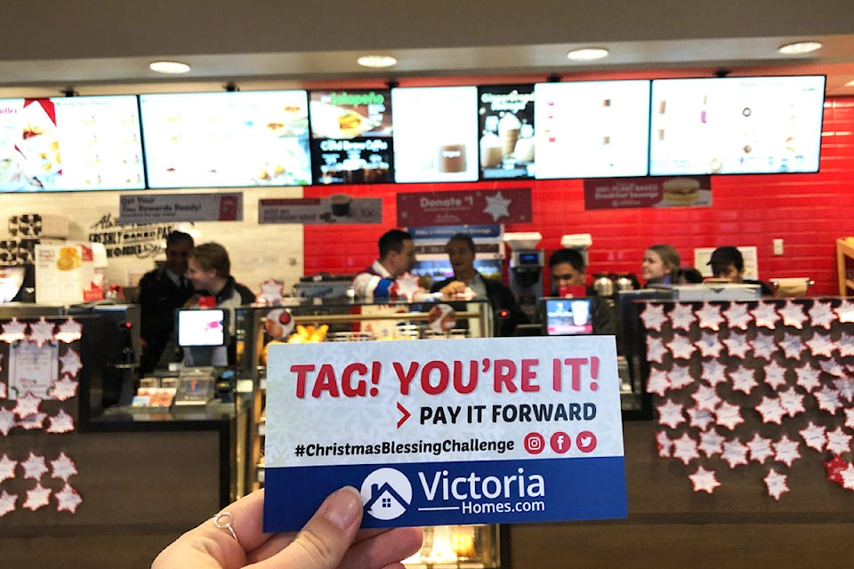 The fourth annual Christmas Blessing Challenge kicked off at Tim Hortons with VicPD Del Manak and Dodd’s Furniture owner Gordie Dodd covering customers’ tabs. (Devon Bidal/News Staff)