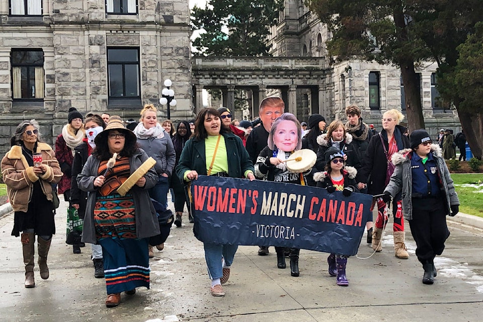The 2020 Women’s March on the Lekwungen and Wsanec territories included speeches, songs and a march up Government Street. (Devon Bidal/News Staff)