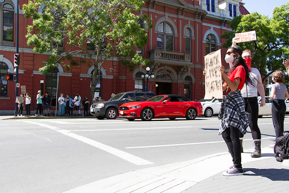 An anti-racism rally took to the streets of downtown Victoria Monday, June 1, in solidarity with movements taking place across the U.S. and Canada. (Katherine Engqvist/News Staff)