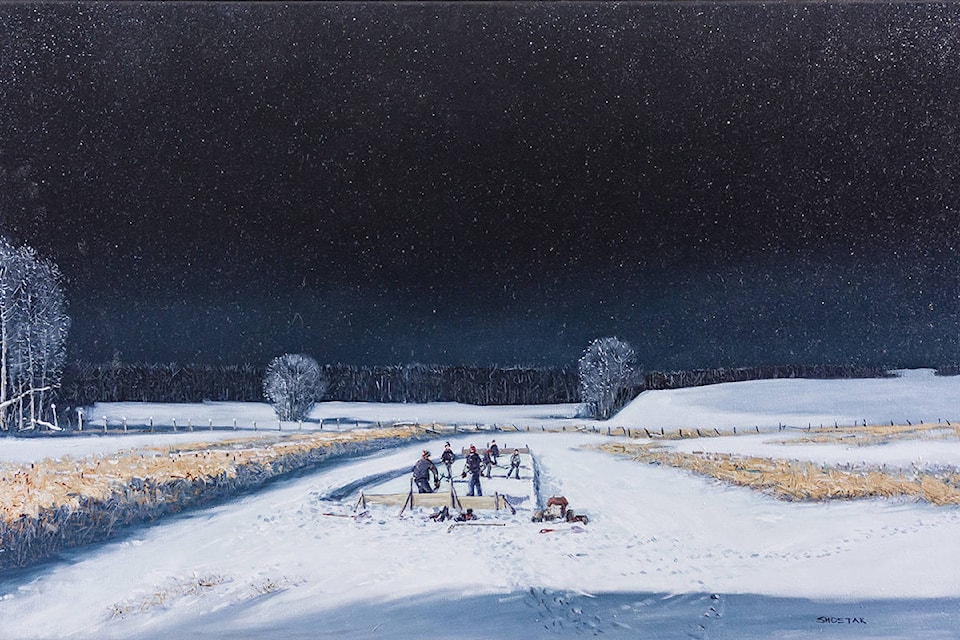 Peter Shostak’s “This was our hockey rink,” a 22- by 35-inch oil on canvas, is showing Oct. 3 in the West End Gallery downtown. (Peter Shostak Image)