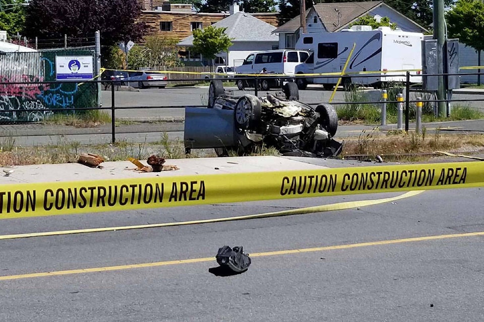A serious collision at the intersection of Devonshire Road and the E&N Rail Trail in Esquimalt resulted in one vehicle flipping onto its roof and a power pole being knocked down on May 29, 2021. (Photo courtesy Vanessa Nicholson)