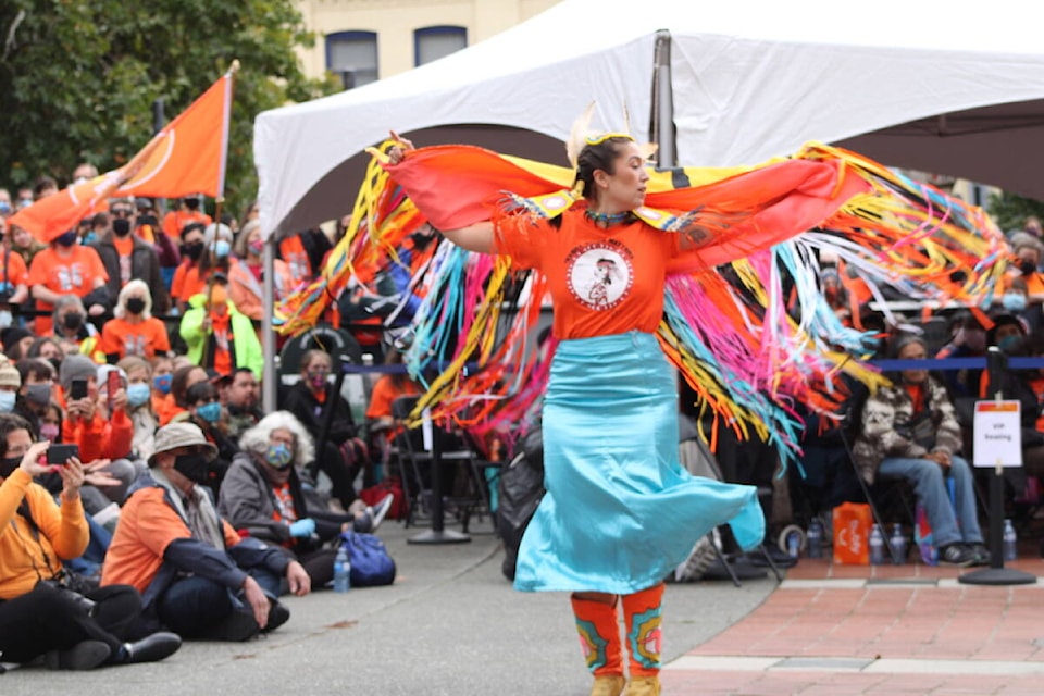 An Indigenous dancer performs at Victoria’s Orange Shirt Day ceremony on Sept. 30 (Jake Romphf/News Staff)