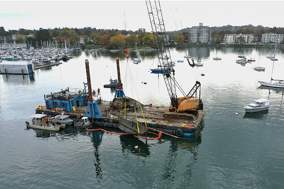 A project between the Dead Boat Disposal Society, Songhees Nation and Ralmax (Salish Sea Industrial Services) and the province sees eight boats removed from the bottom of Oak Bay. (Courtesy Wesley Roe/Dead Boat Disposal Society)