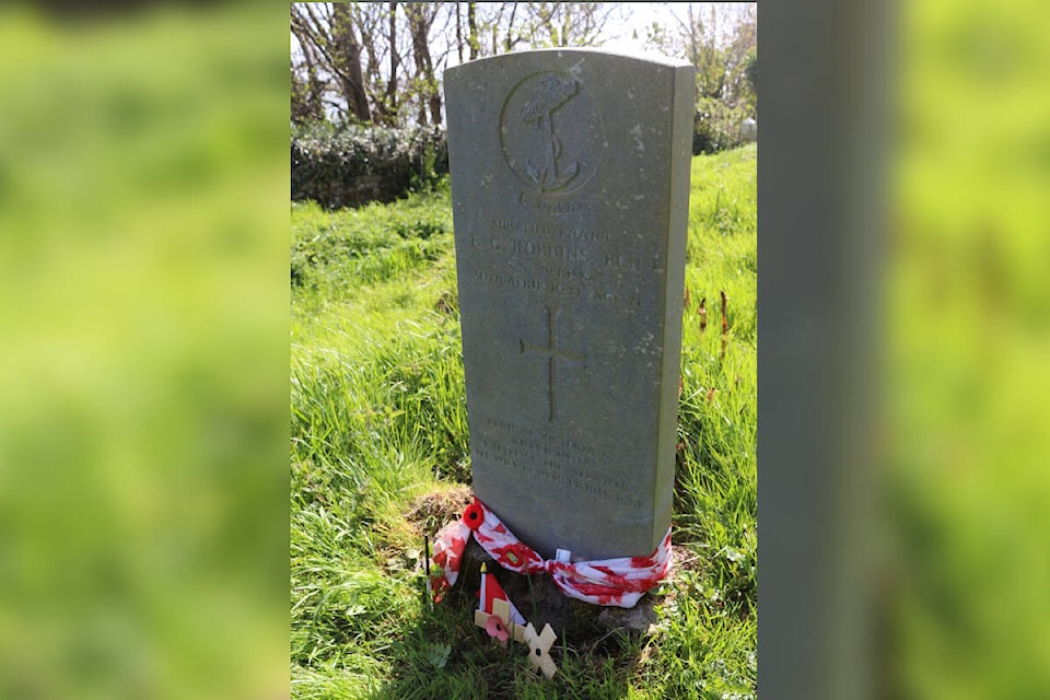 The grave of Sub-Lt. Edward Gorton Robbins is seen in the Killaghtee Old Graveyard, County Donegal, Republic of Ireland. James Stewart lives an hour away from the cemetery and has been looking after the grave since he discovered it several years ago. He is now searching for Robbins’ surviving relatives in Greater Victoria. (Photo Courtesy of James Stewart)