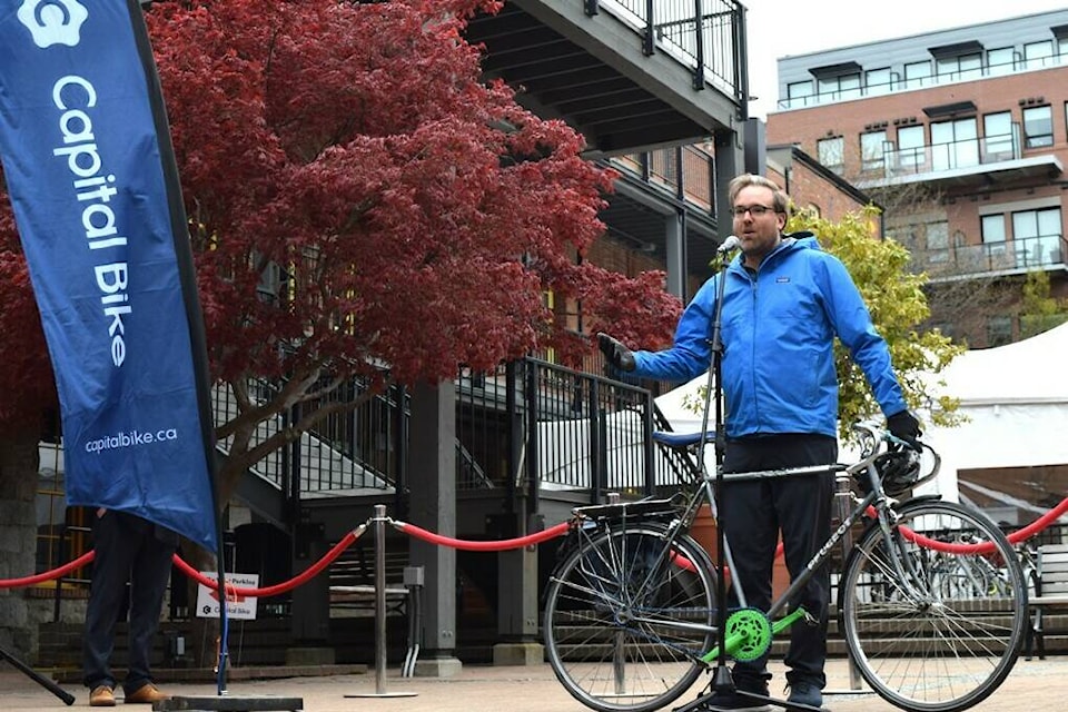 Island Health medical health officer and avid cyclist, Dr. Mike Benusic, speaks during the April 20 kickoff event for Go By Bike Week. (Kiernan Green/News Staff)