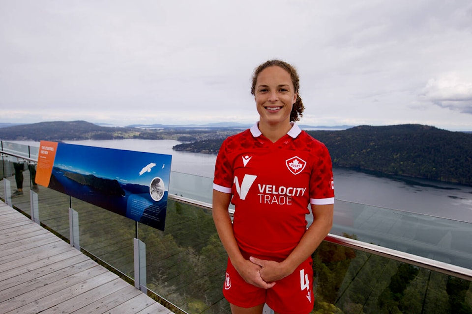 Team Canada captain Breanne Nicholas stands atop the Malahat Skywalk on Thursday following the traditional captain’s photo ahead of the two-day HSBC World Rugby Sevens tournament in Langford. (Justin Samanski-Langille/News Staff)