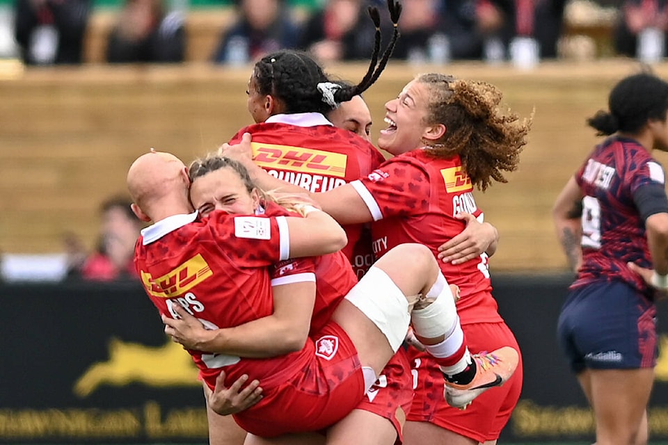 Canada celebrates the win over the US in the HSBC Sevens Women’s Series tournament in Langford on May 1. (Simon Fearn/Black Press Media)