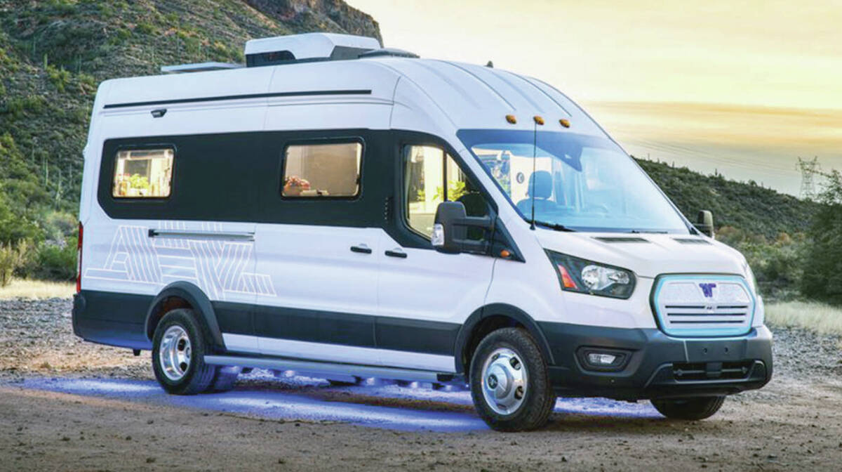 The Winnebago e-RV is based on the Ford Transit platform, but with a third-party power system. The range is estimated at 200 kilometres, meaning you had better like camping more than driving. PHOTO: Winnebago