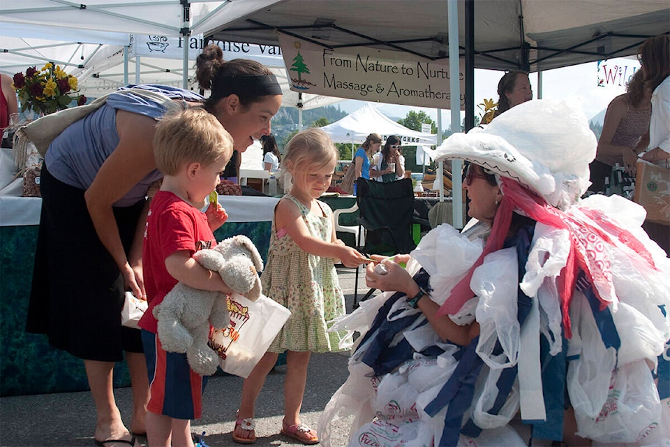 June, 2009, the plastic bag monster at the Squamish Farmer’s Market. (Photo: Adrian Jones/ Greener Footprints Society).