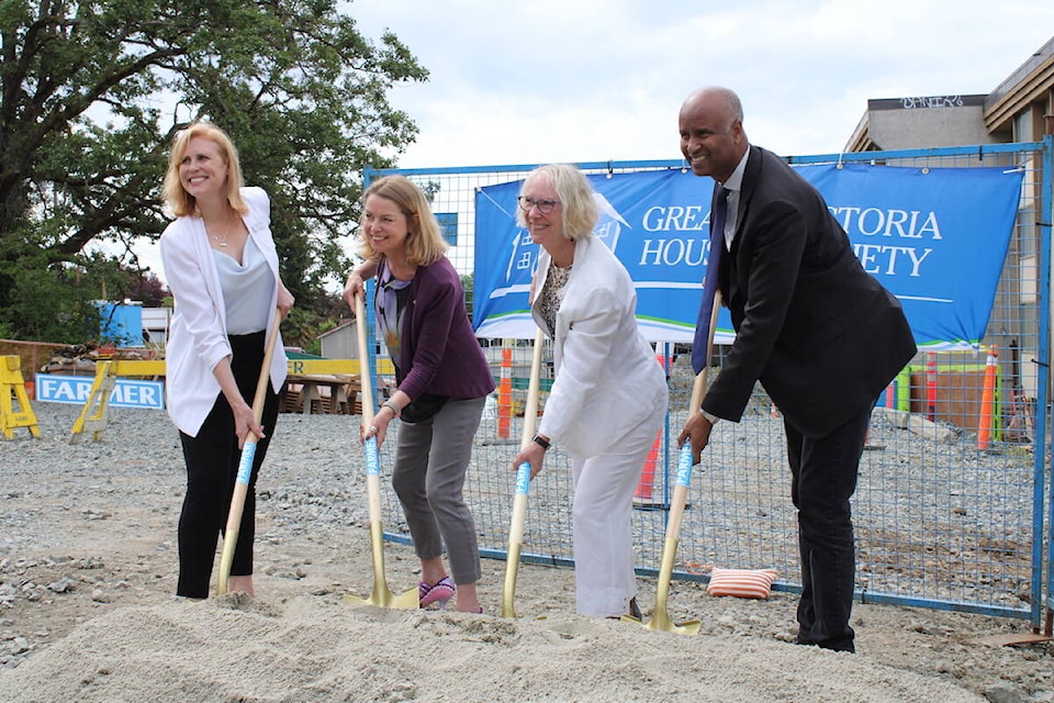 Officials put shovels in the ground at 874 Fleming St. in Esquimalt, the future site of a 137-unit affordable housing project. (Jake Romphf/News Staff)