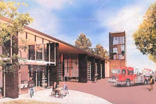 Rendering shows the southwest view and rear apron of the proposed new Saanich Fire Department No. 2 station at Royal Oak and Elk Lake drives. (Courtesy District of Saanich)