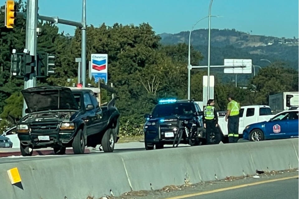 Drivers headed into Victoria on the Trans-Canada Highway face a detour after a Wednesday morning crash near Tillicum Road. (Black Press Media photo)