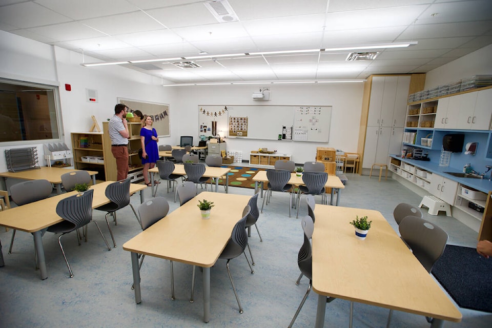 Classrooms feature adjustable lighting and heating and cooling systems, among other amenities, seen here during a tour of the new PEXSISEN Elementary School in Langford Friday Sept. 2, 2022. (Justin Samanski-Langille/News Staff)