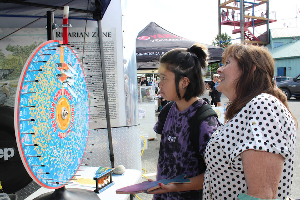 Jasmine Wilson, with a hand-painted fish, takes a turn at the wheel from the Salmon Enhancement Society while Shirley Shiner looks on. (SONJA DRINKWATER / ALBERNI VALLEY NEWS)