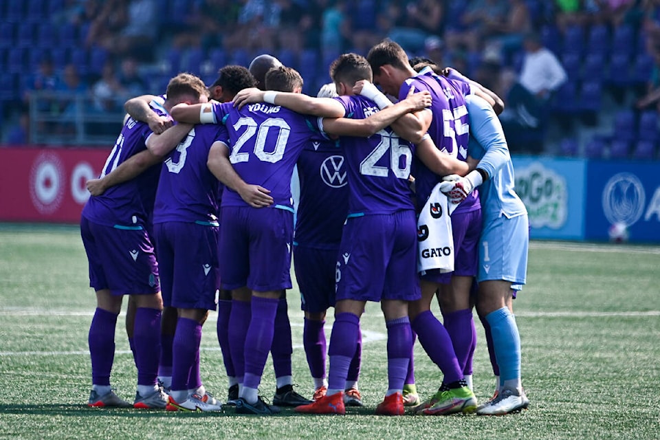 Pacific FC huddles before the game against Atletico Ottawa on Sunday (Sept. 11) at Starlight Stadium. (Simon Fearn/Black Press Media)