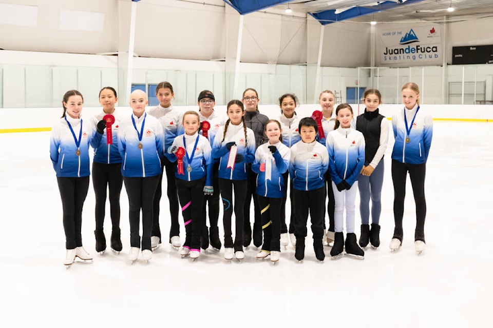 RIGHT: The Juan de Fuca Skating Club fielded 40 figure skaters at the recent Vancouver Island Regional Championships in Nanaimo, where the club took home five gold medals, five silver medals, and seven bronze. (Courtesy of Mary Jane Howland Photography)