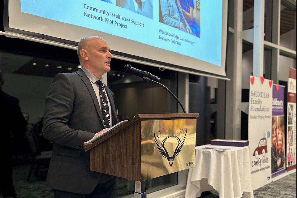Saunders Family Foundation president Dave Saunders speaks at the all hands on deck community health-care workshop at the Olympic View Golf Club in Colwood on Jan. 26. (Courtesy Dave Saunders)