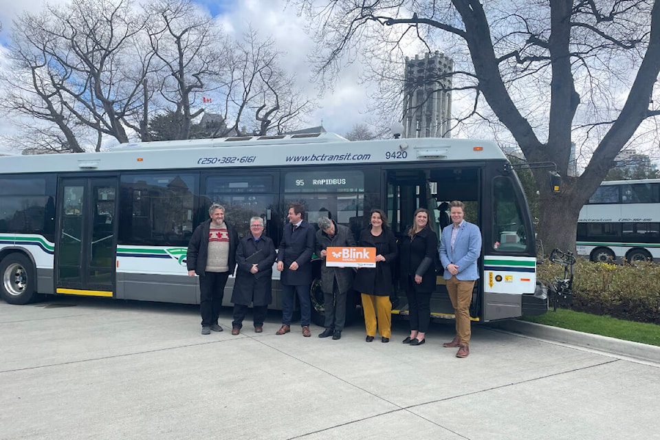 Greater Victoria partners (from left) Coun. Chris Coleman, Victoria Mayor Marianne Alto, Transportation Minister Rob Fleming, Oak Bay Mayor Kevin Murdoch, Victoria-Beacon Hill MLA Grace Lore, BC Transit’s Christy Ridout and Saanich Mayor Dean Murdock launch the new Blink RapidBus Route 95, which will take passengers from Downtown Victoria to the West Shore. (Hollie Ferguson/News Staff)