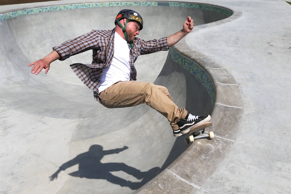Jimmy Miller, president of the West Shore Skate Park Coalition, tests out the new Thrifty Foods Skate Park at West Shore Parks and Recreation Thursday, April 27, ahead of the new park’s official opening on May 13. (Justin Samanski-Langille/News Staff)