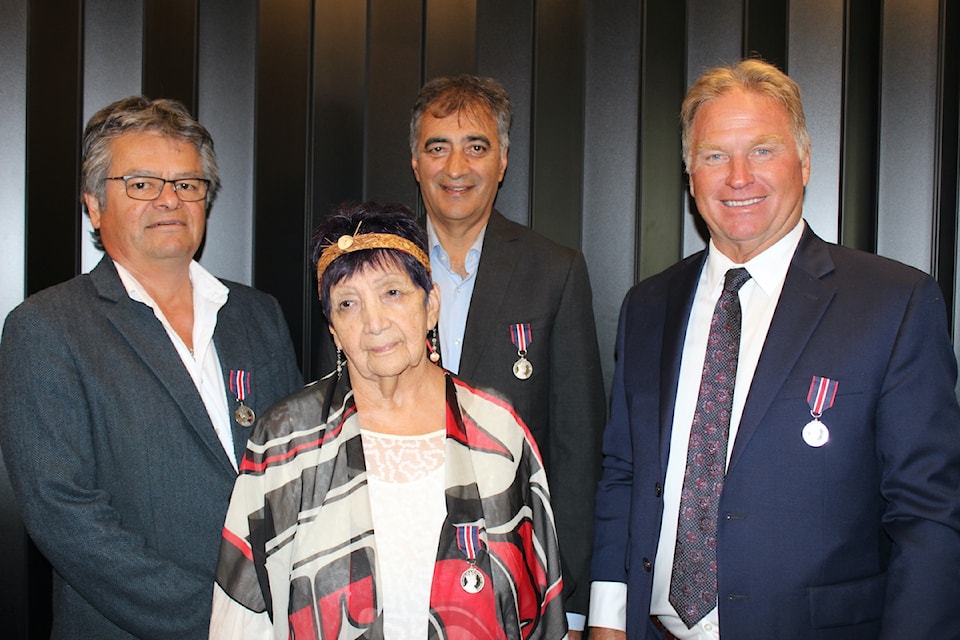 Recipients of the King Charles III Coronation Medal: Former T’Sou-ke Nation Chief Gordon Planes, T’Sou-ke Elder Shirley Alphonse, retired provincial MLA and past cabinet minister Moe Sihota and former Mayor of Langford Stewart Young.