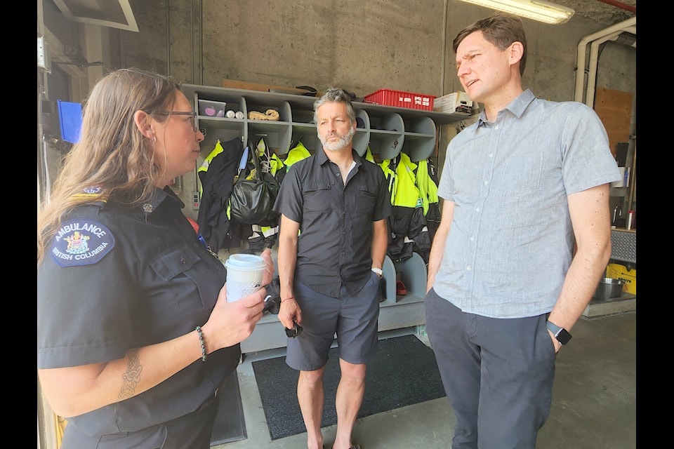 Premier David Eby and MLA Roly Russell took time to speak with paramedics to determine the needs and challenges of members as the province prepares to design and construct a new ambulance station for Grand Forks.