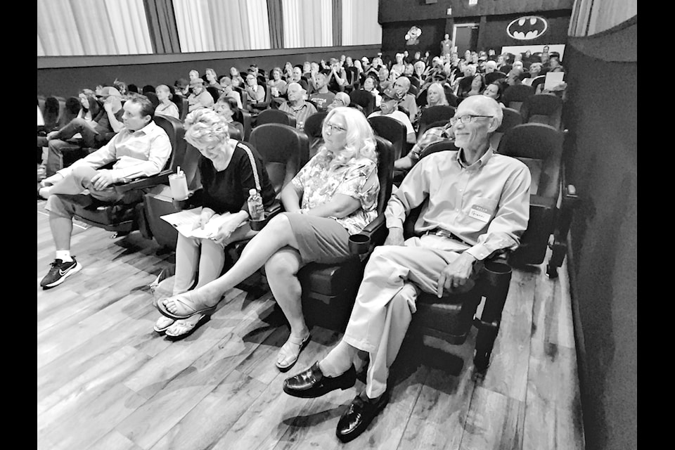 The Town Hall Meeting on June 26 filled the Gem Theatre with people eager to listen to speakers and discuss a handful of provincial bills. From left, Shaun Aquilaine, Gem Theatre owner and master of ceremonies for the event, Steering committee and co-meeting organizer Christina Abbott, speaker and registered nurse Corrine Mori and co-organizer and steering committee member Gianni Scaramella.