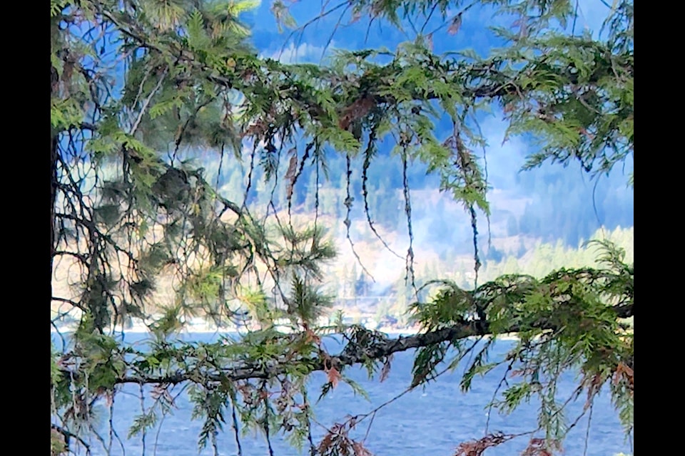 Smoke can be seen rising from a wildfire on Brown Road in Christina Lake. 