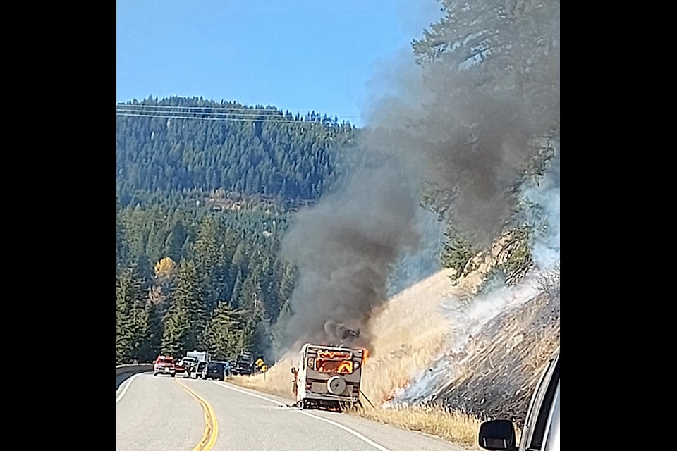 A motorhome on Highway 3 about six kilometres west of Grand Forks sparked a fire that forced the closure of the highway and evacuation of 20 properties. 