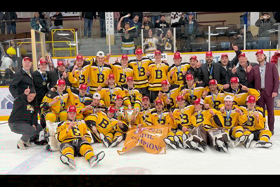 The 2025 Teck Cup Champion Grand Forks Border Bruins gathered for the post trophy and banner presentation for a group photo on Sunday night after sweeping the Revelstoke Grizzlies 5-2 in game 4.