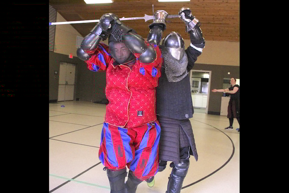 Chad Herbert, left, from the Comox Valley Combat Guild, faced off against Kevin Breiter of Vernon at the annual Fork Fight Historical European Martial Arts competition on Aug. 13 in Grand Forks. Competitors from Grand Forks, Vancouver Island, Abbotsford, Vernon, 鶹ѡ, Alberta and Washington State faced off in a series of bouts for points going towards international standings, as well as local prizes, such as medals, gift certificates and even locally-made treats. 