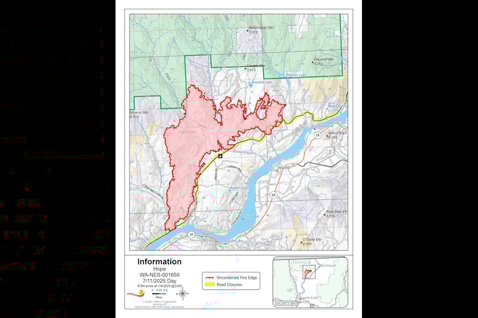 A map dated July 11 showing the extent of the Hope Fire, with road closures and the uncontained fire edge highlighted