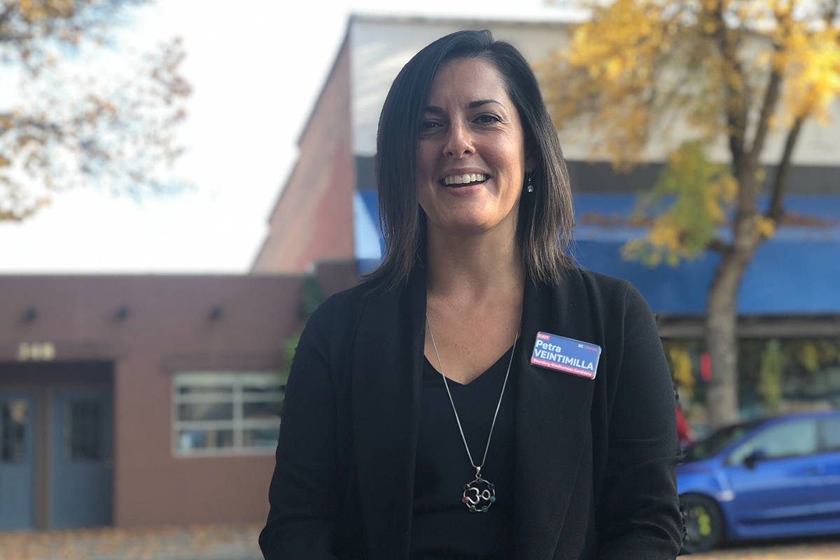 BC Liberal candidate Petra Veintimilla (right) and campaign manager Everett Baker met with locals at the Boardwalk Café Friday, Oct. 2. (Laurie Tritschler/Grand Forks Gazette)