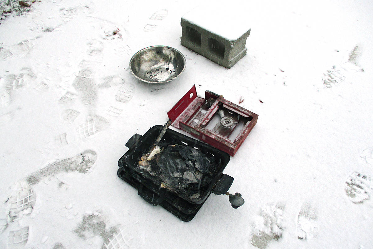 A homeless person had used a metal bowl, top left, to cap burning paper inside this portable stove. Photo courtesy of Grand Forks Fire/Rescues Dep. Chief Rich Piché.