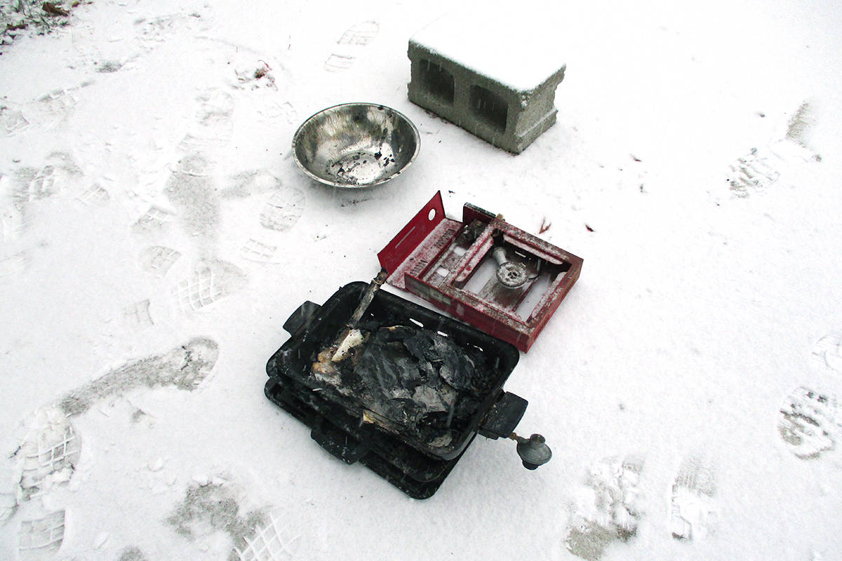 A homeless person had used a metal bowl, top left, to cap burning paper inside this portable stove. Photo courtesy of Grand Forks Fire/Rescues Dep. Chief Rich Piché.