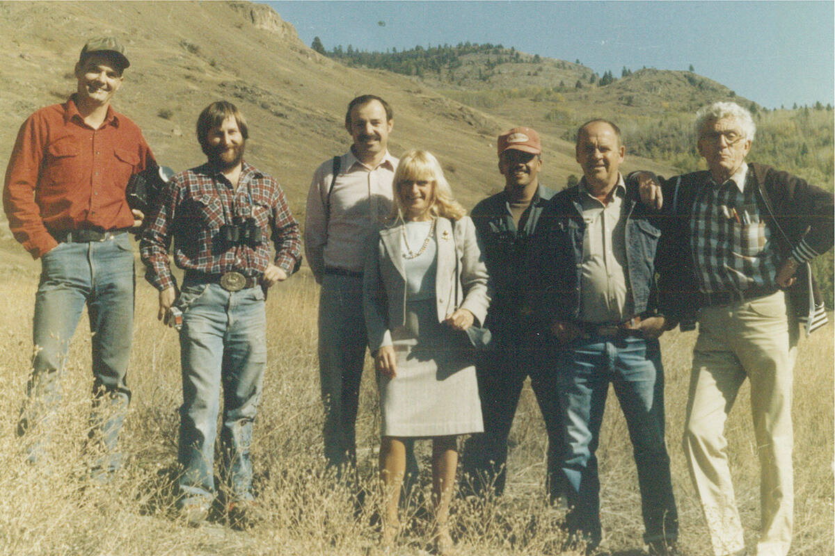 (From the left) The Grand Forks Sheep Committees Barry Brandow, Sr. and Wayne Rieberger, the Grand Forks Chamber of Commerces Rick Jones and Midge Brandow, rancher John Mehmal, Conservation Officer Bob Shepherd and Logan Morrison pose for a photo in the Gilpin Grasslands in September 1985, half a year after they reintroduced a herd of bighorn sheep to the area. Photo courtesy of Barry Brandow, Sr.