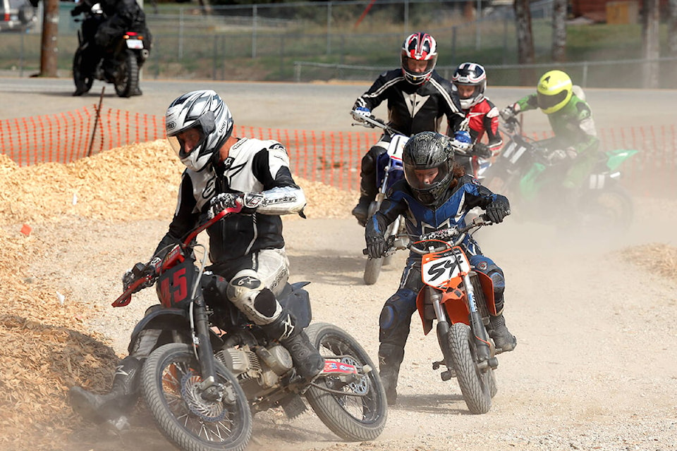 Regina’s Kevin Ham rounds a corner on Greenwood’s Supermotard track Sunday, Sept. 26. Ham is followed by Dexter Falkenberg, Rob Ross, Robyn Ham and Anaconda’s Casper Henry. Photo: Laurie Tritschler