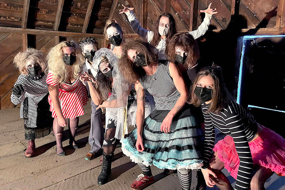 (Front R-L) Les Folles Jambettes Izabell Mattick, Nicole Hulbert, Melanie Shenstone, Vanessa Reyes-Golding, Sarah and Darwin Leslie, Alicia Longstaff, Lori Barrett and Danna O’Donnell (back) strike a scary pose on the barn loft set of the troupe’s Thriller music video. Photo: Laurie Tritschler (Front R-L) Les Folles Jambettes Izabell Mattick, Nicole Hulbert, Melanie Shenstone, Vanessa Reyes-Golding, Sarah and Darwin Leslie, Alicia Longstaff, Lori Barrett and Danna O’Donnell (back) strike a scary pose on the barn loft set of the troupe’s Thriller music video. Photo: Laurie Tritschler