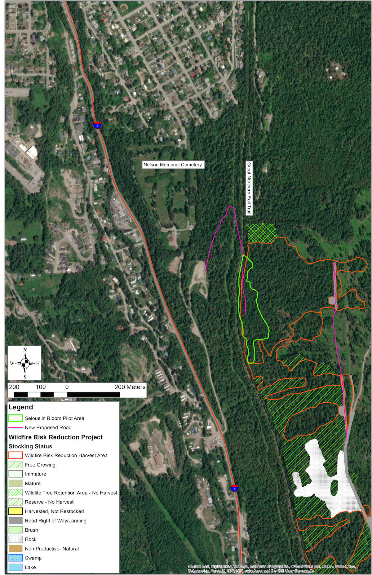 Nelson residents can orient themselves by noting the location of the cemetery and the rail trail. The site of the proposed agroforestry project is outlined in florescent green. Map: Kalesnikoff Lumber Ltd.