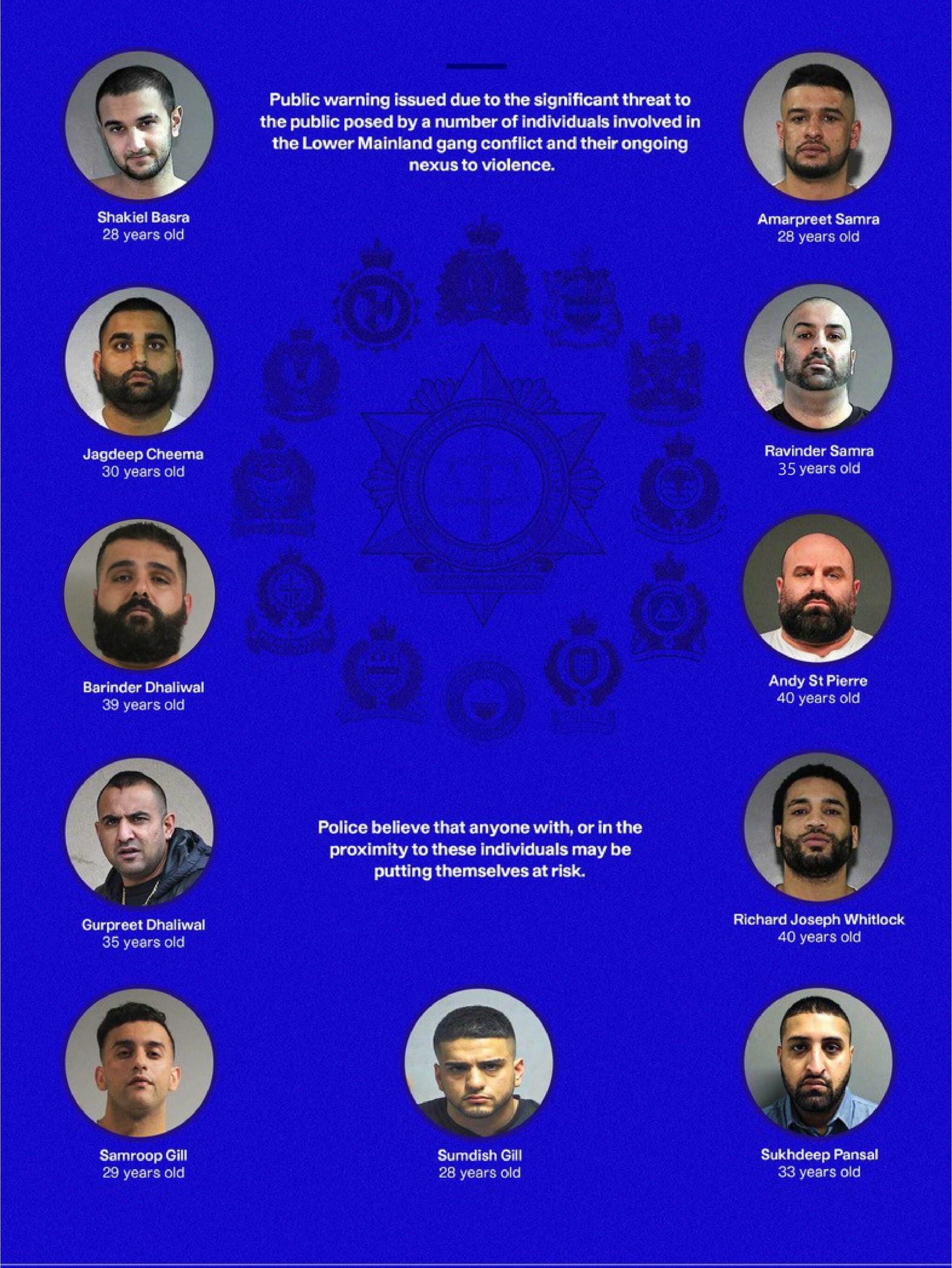 The Combined Forces Special Enforcement Unit of B.C. issued a public safety notice Aug. 3, identifying 11 dangerous B.C. gangsters. (Courtesy of CFSEU-BC)
