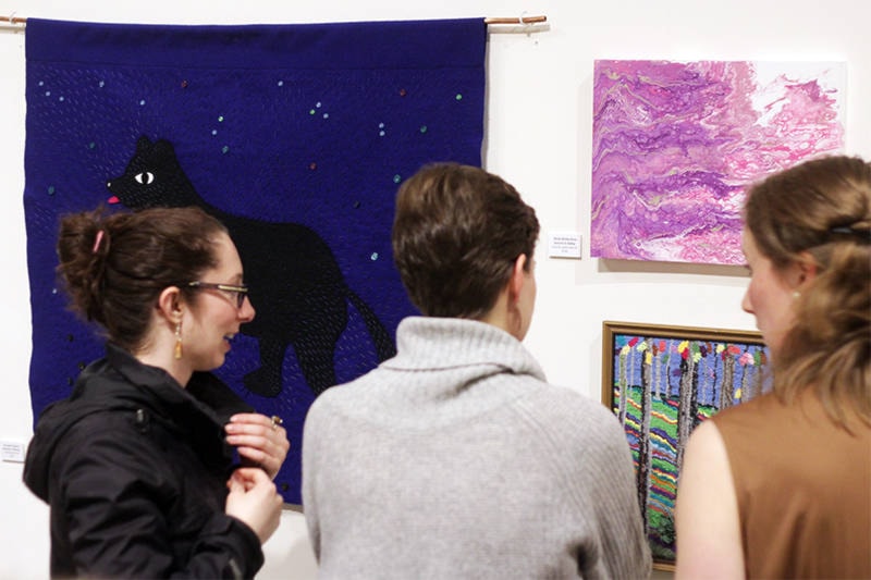 Wherever you stand in the All Islands Art Show on now until March 31 at the Haida Gwaii Museum, it’s hard to escape the eye of Alexandra Rinfret’s “Imaginary Mammal,” a starry blue embroidered felt piece. (Andrew Hudson/Haida Gwaii Observer)