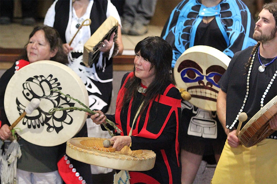 Nika Collison thanks guests for a gift of sweetgrass. (Andrew Hudson/Haida Gwaii Observer)