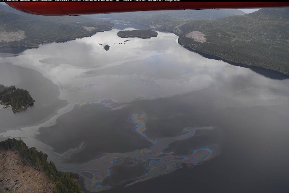 The Dinan Bay diesel spill on Wednesday, April 22, 2020, shown via National Aerial Surveillance Program overflight. (Transport Canada/Submitted photo)