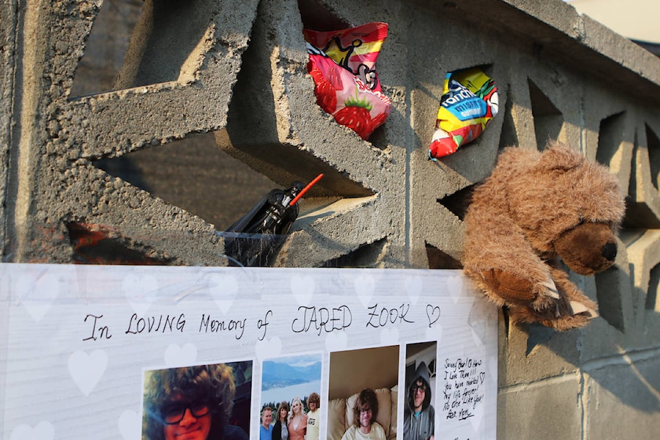 Memorabilia in honour of Jared Zook, located outside of the site of the crane collapse. (Aaron Hemens/Capital News)